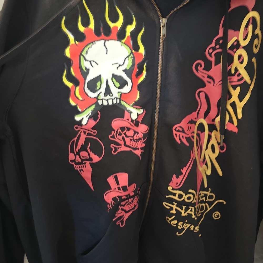 Ed Hardy "Skulls" Graphic Print Size XL Full Zip Fleece Hoodie Black NWT - Picture 5 of 13